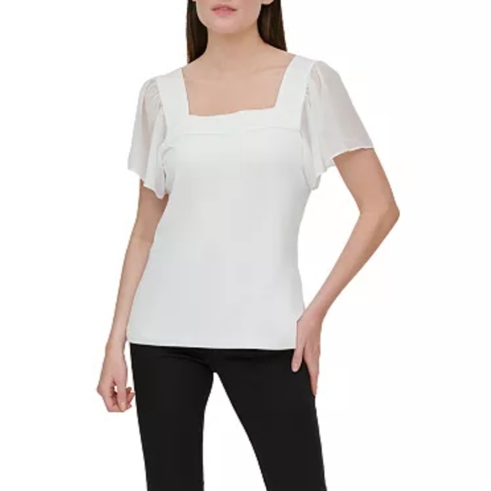 Calvin Klein CK Elegant White Flutter-Sleeve Square-Neck Top